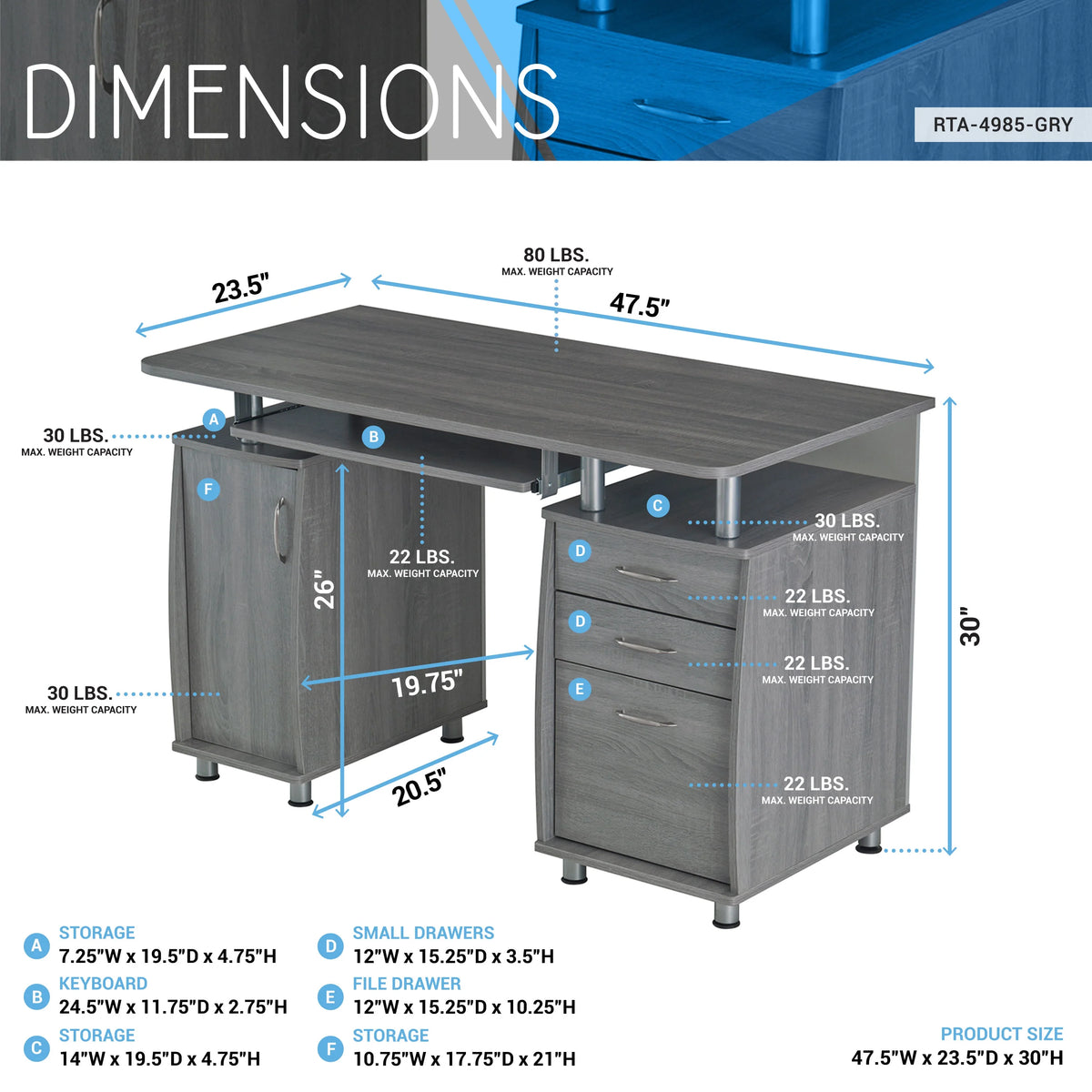 Gray Computer Workstation with Cabinet and Drawers Z47526