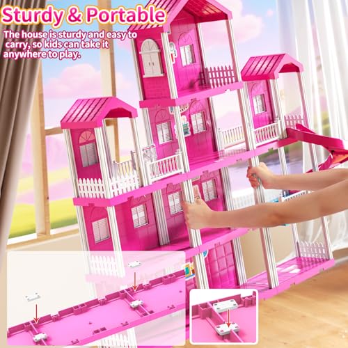Pink 4-Story 10-Room Dollhouse Playset with 2 Dolls P377