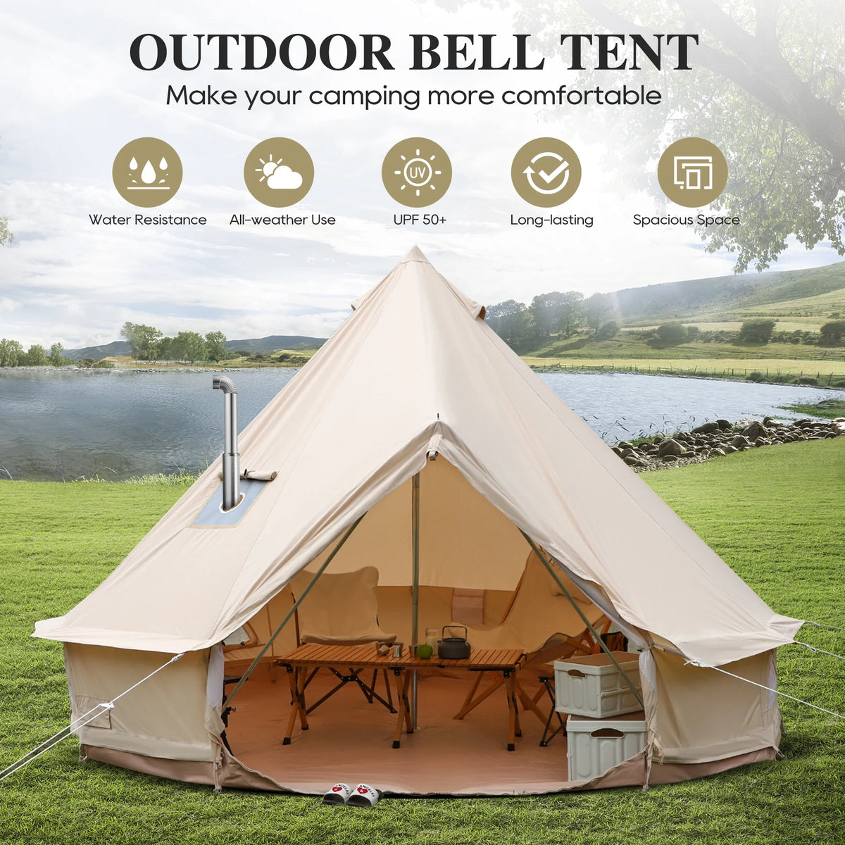 Cotton Canvas Bell Tent with Stove Jack, 4 Season, 5M, Green L2018