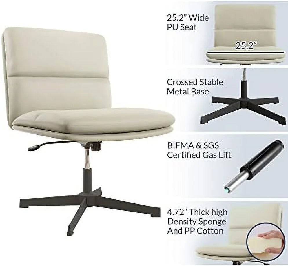Ivory PU Leather Armless Office Chair with Height Adjustment S99235