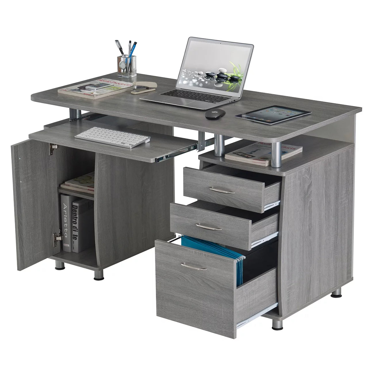 Gray Computer Workstation with Cabinet and Drawers Z47526