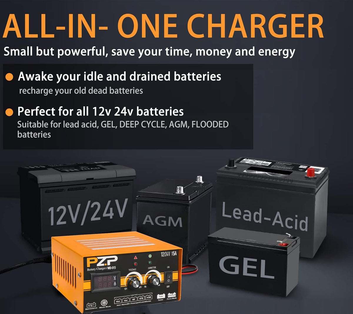 24v Manual 15-Amp Automotive Battery Charger and Maintainer D764