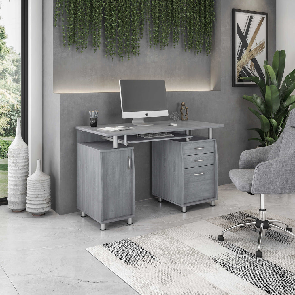 Gray Computer Workstation with Cabinet and Drawers Z47526