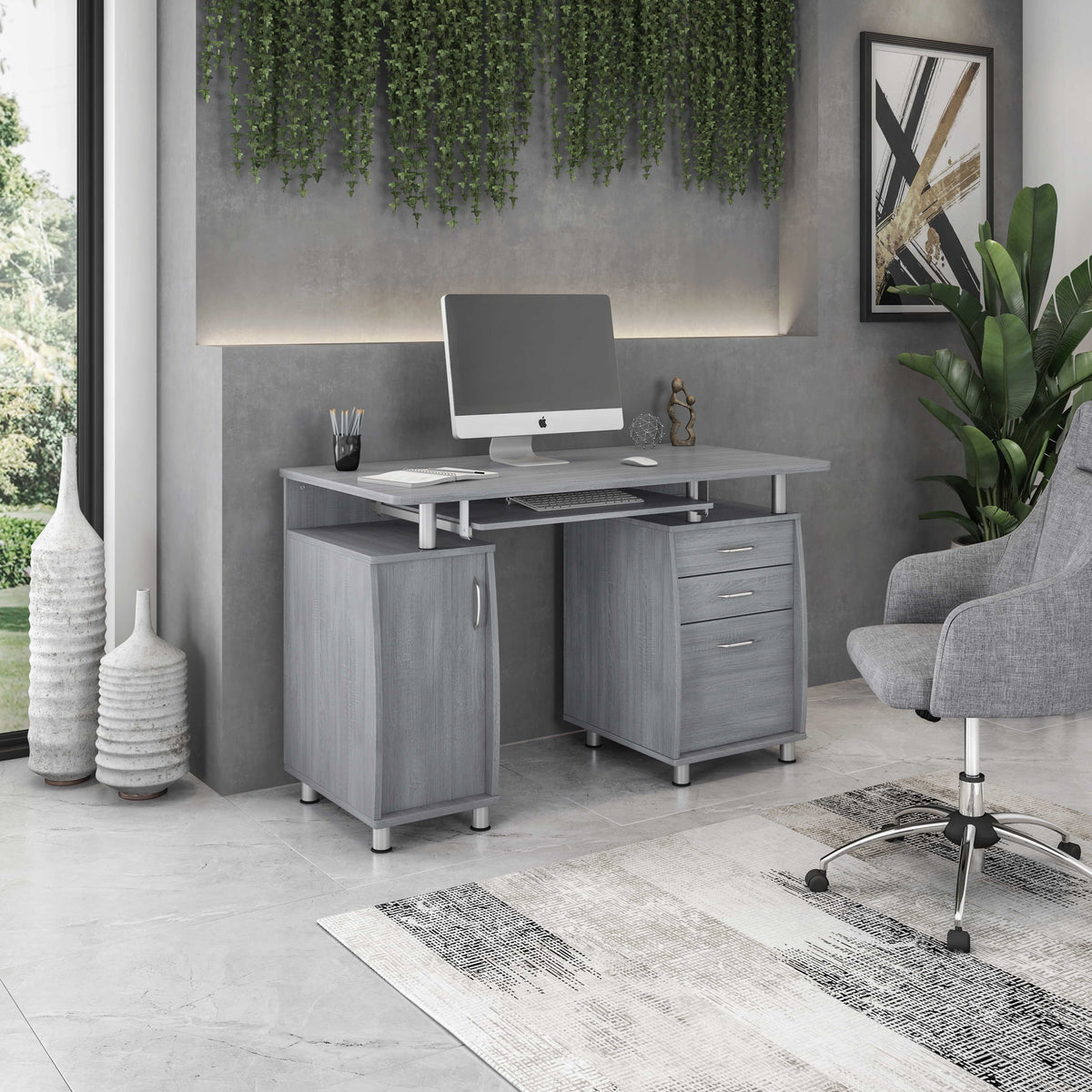 Gray Computer Workstation with Cabinet and Drawers Z47526