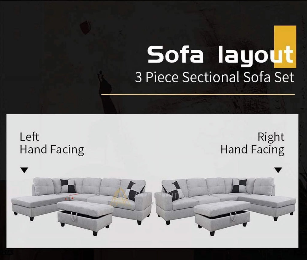 Grey White Right Hand Facing Sofa & Chaise with Ottoman U551