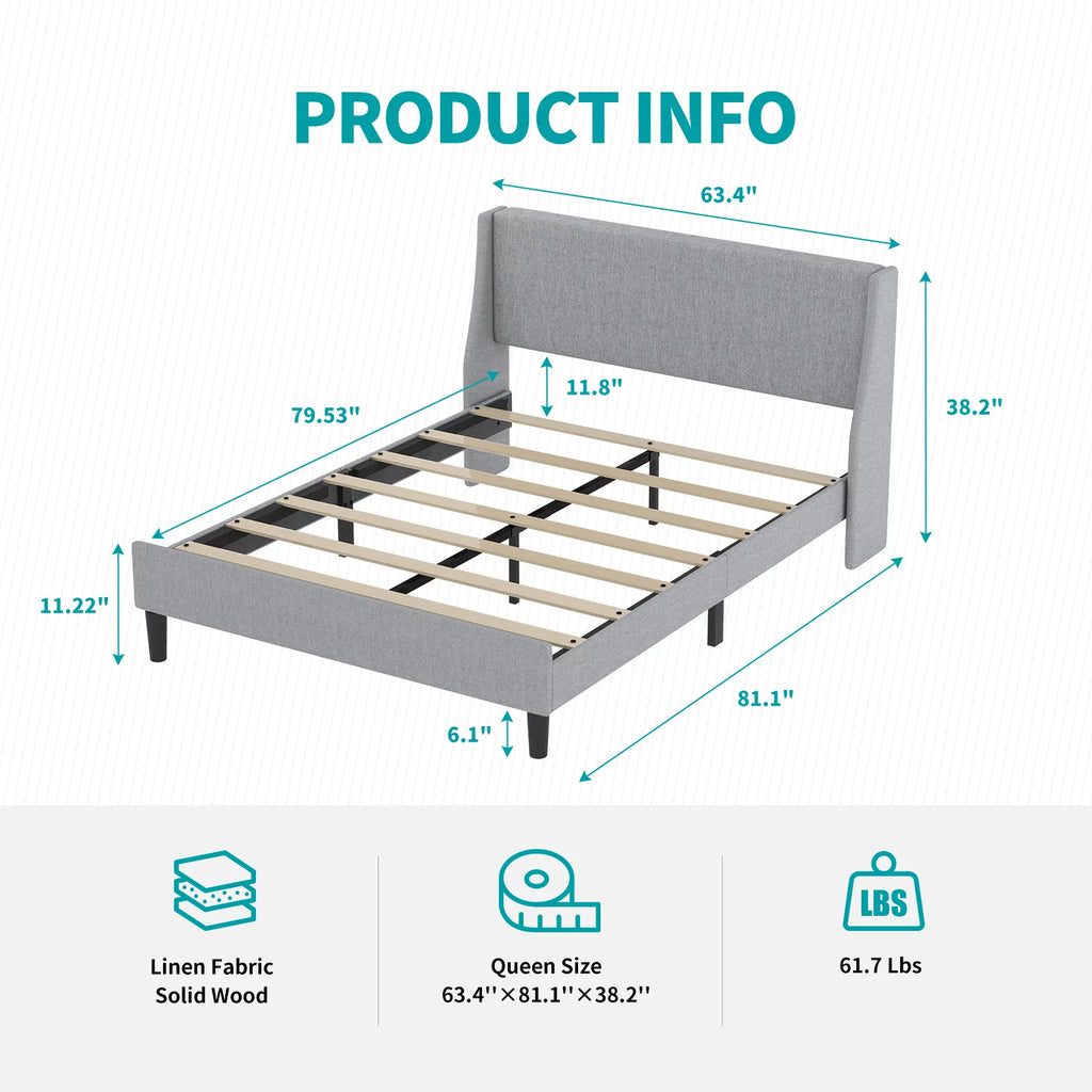 Light Grey Queen Size Upholstered Platform Bed Frame with Headboard Z8454
