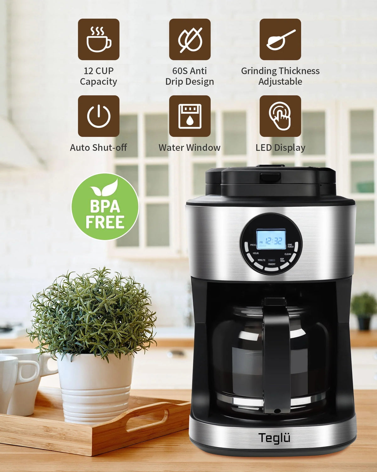 Black 12 Cups Programmable Grind and Brew Coffee Maker with Warming Plate R487