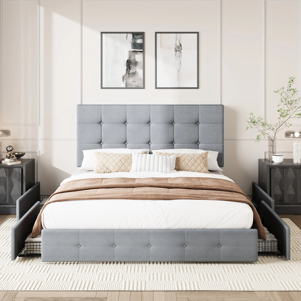 Queen Size Platform Bed Frame with Headboard and 4 Storage Drawers W861