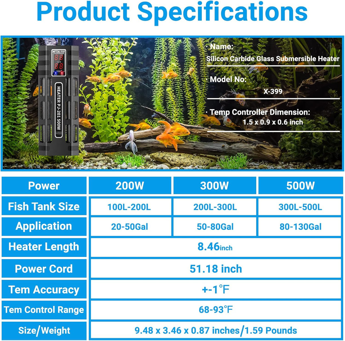 200W/300W/500W Submersible Aquarium Heater Y28626