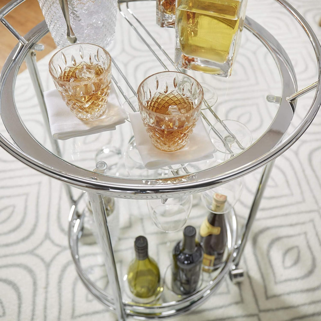 Round Chrome Metal Glass Top Bar Cart P4767