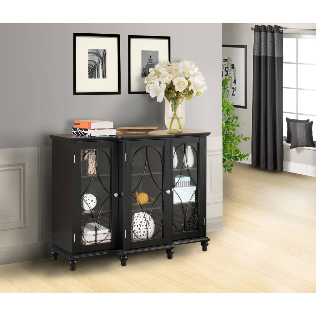 Black Wood Sideboard Buffet Console Table with Glass Doors O48152