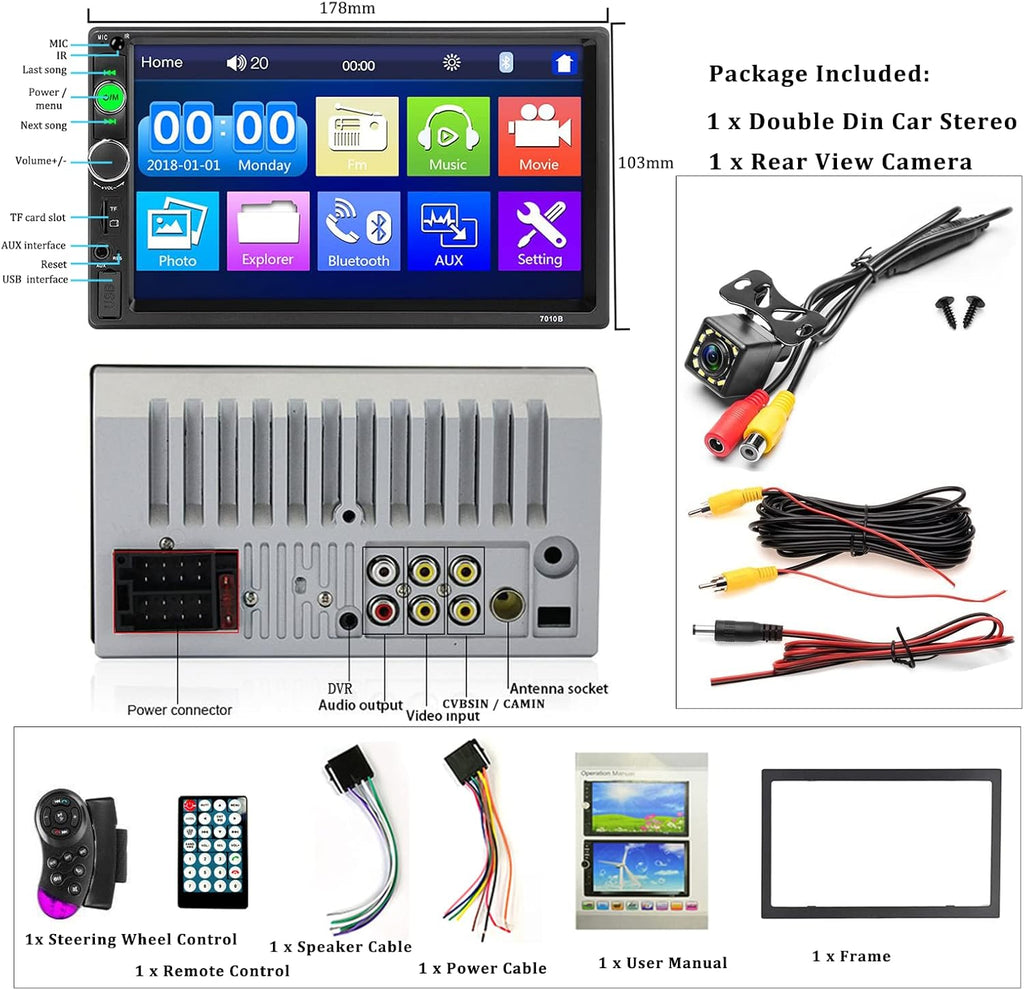 Double Din 7 Inch Touch Screen Bluetooth Car Stereo with Backup Camera P2823