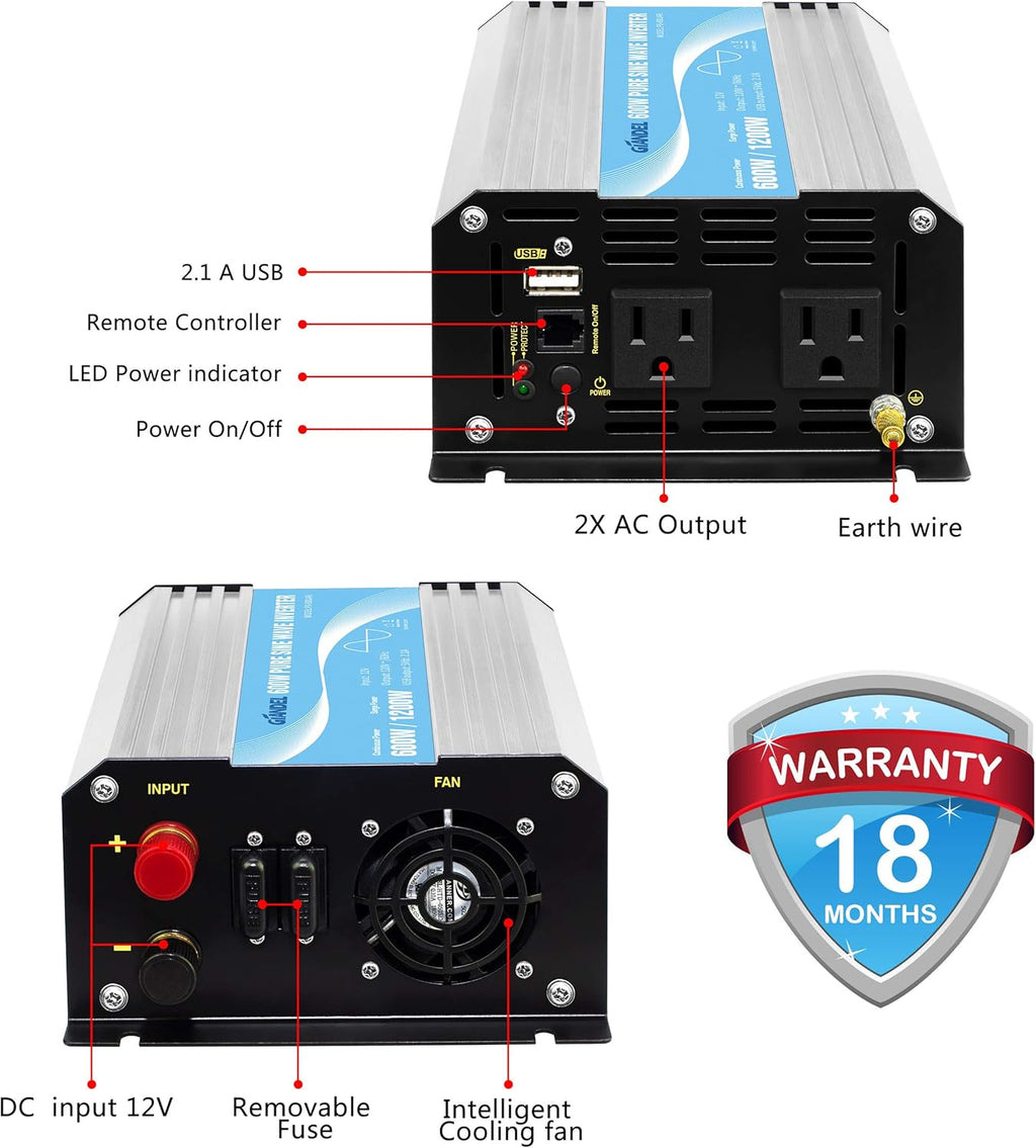 Pure Sine Wave 600Watt Power Inverter with Remote Control Dual AC Outlets and USB Port X963419