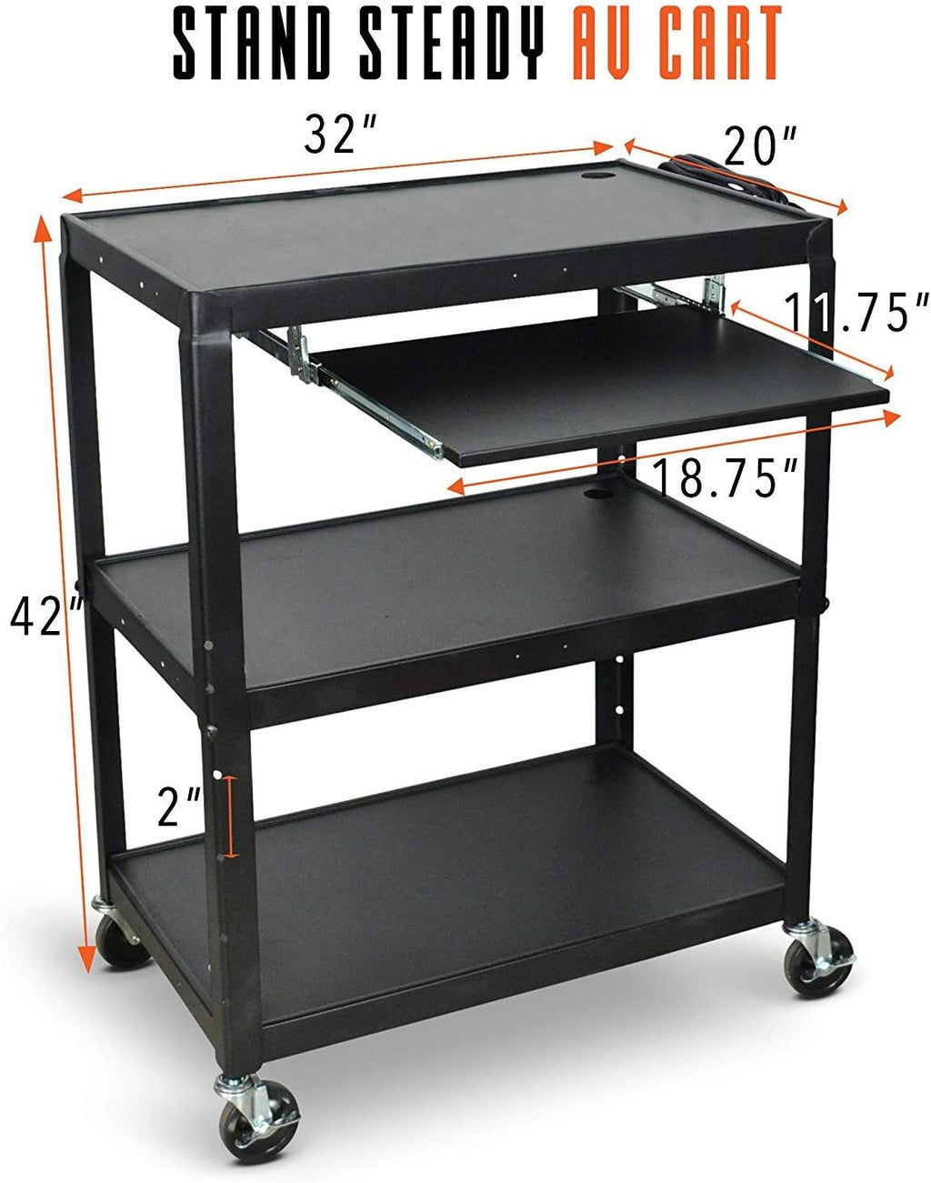 Height Adjustable AV Cart on Wheels with Keyboard Tray and Power Cord S9017