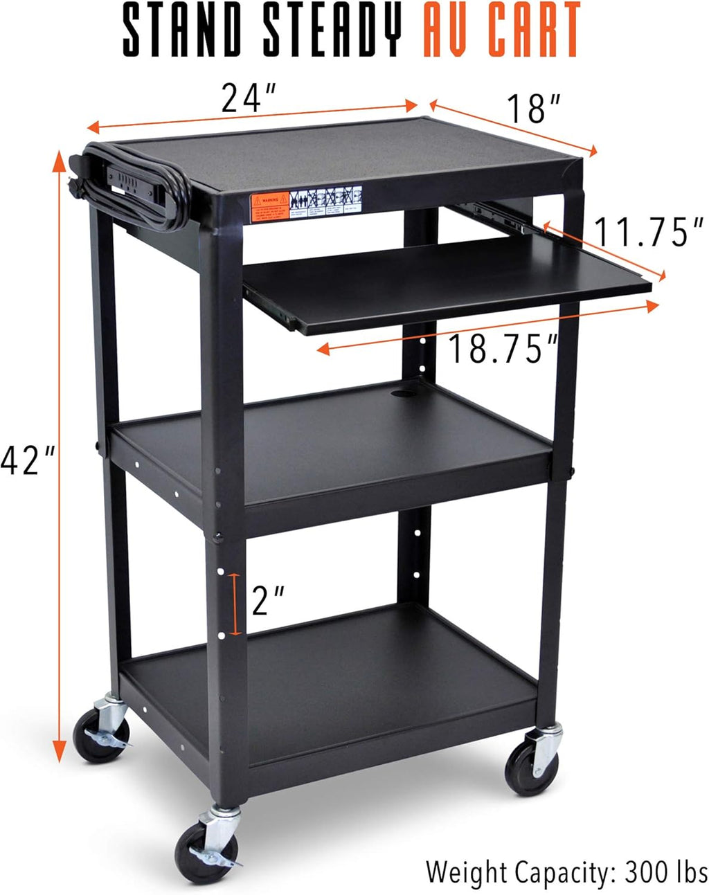 Height Adjustable AV Cart on Wheels with Keyboard Tray and Power Cord S9017