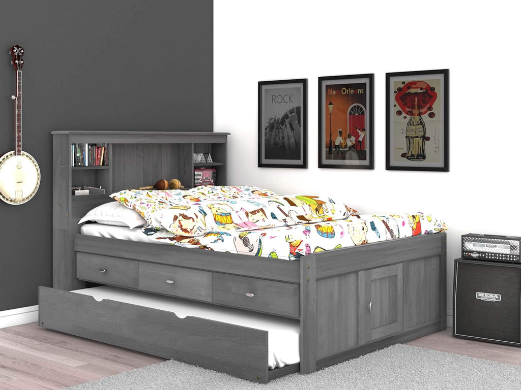 Charcoal Full Bookcase Bed with 3 Drawers and Twin Trundle L624