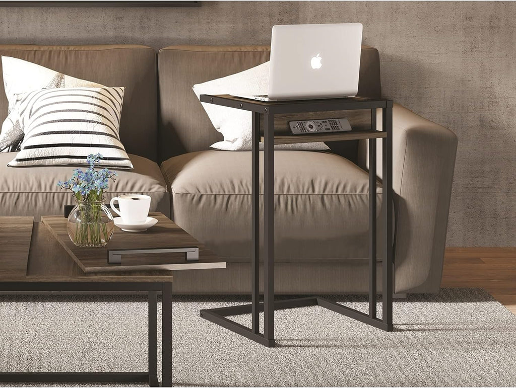 Dark Brown Oak Melamine C End Table with Black Metal Frame P574