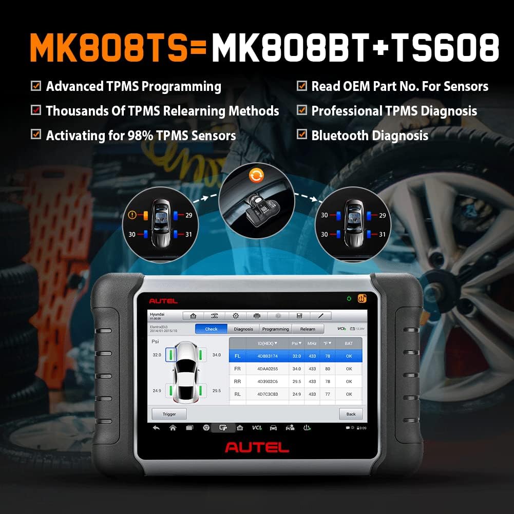 2022 Autel Scanner MaxiCOM MK808TS, Combination of Autel MK808BT and TS608, OE-Level TPMS Scan Tool with 28+ Service Functions, All Systems Diagnoses, Activate/Program/Relearn TPMS Sensors K628