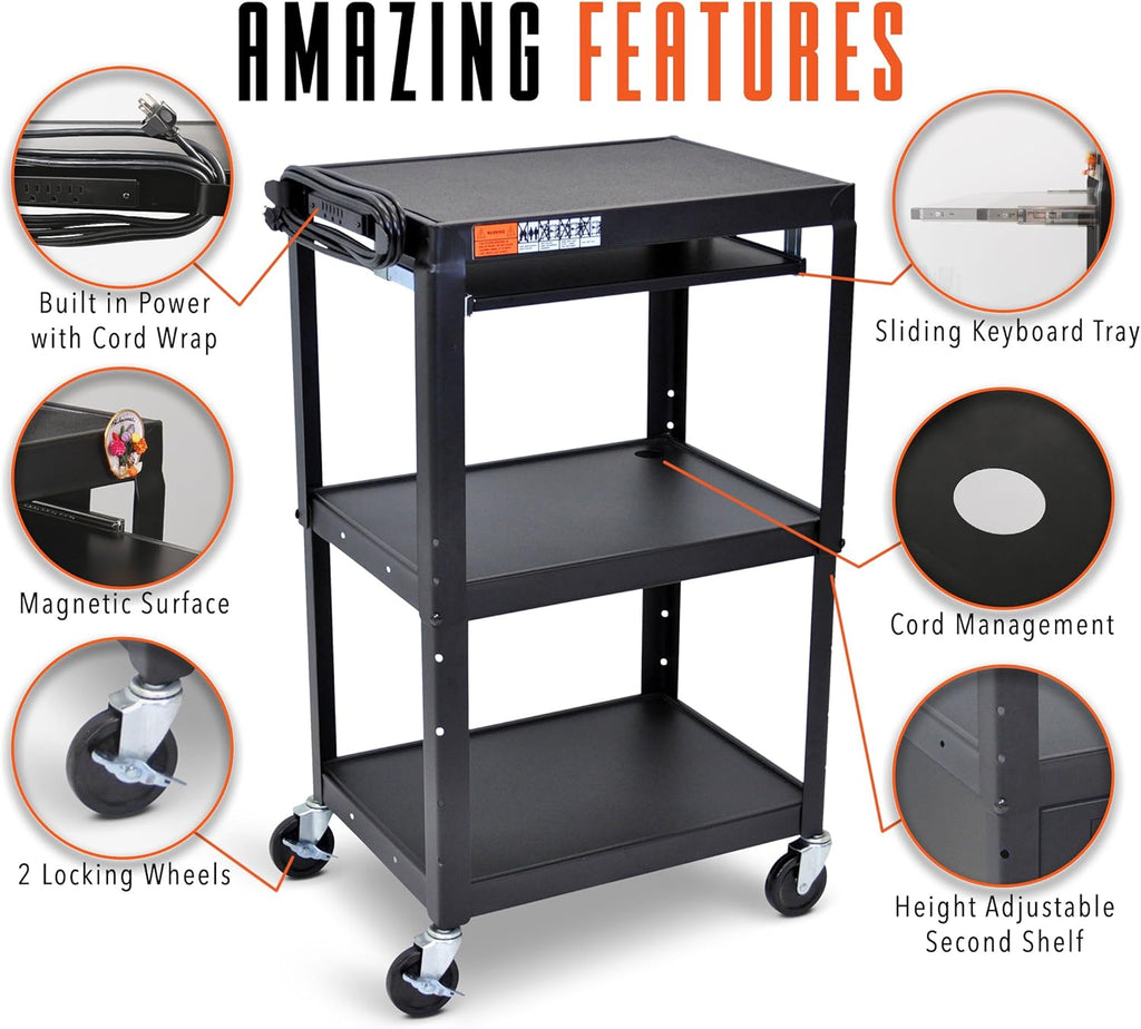 Height Adjustable AV Cart on Wheels with Keyboard Tray and Power Cord S9017