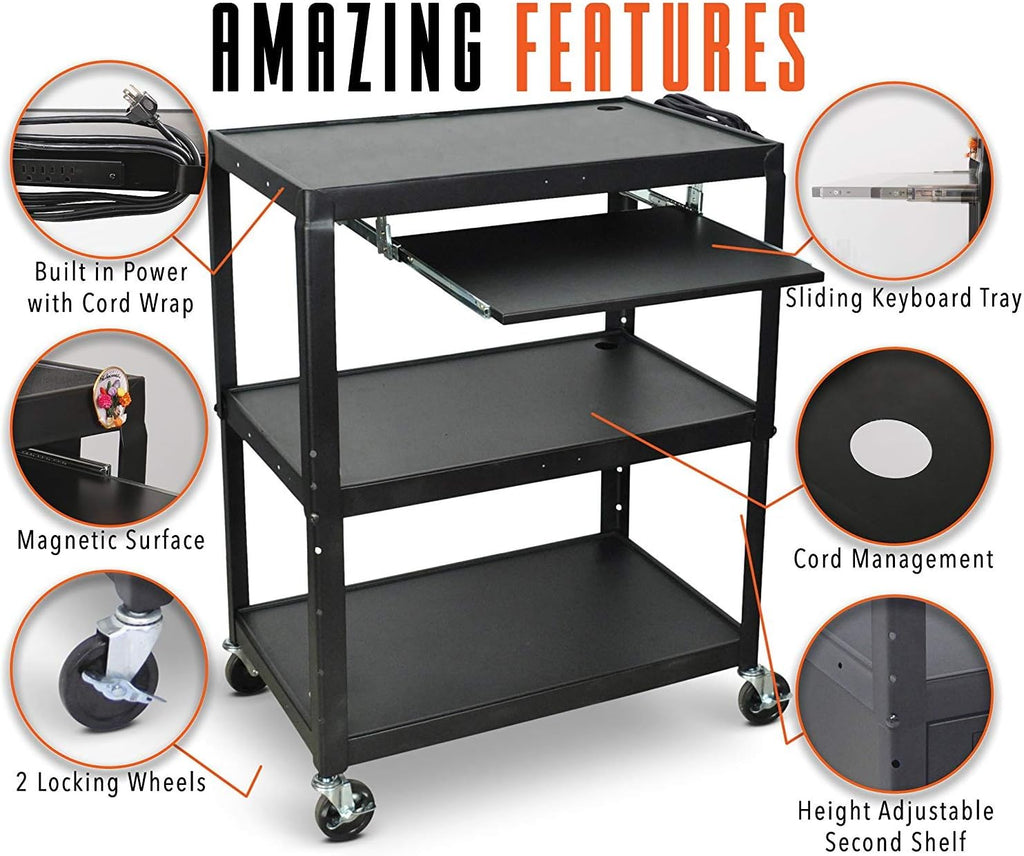 Height Adjustable AV Cart on Wheels with Keyboard Tray and Power Cord S9017