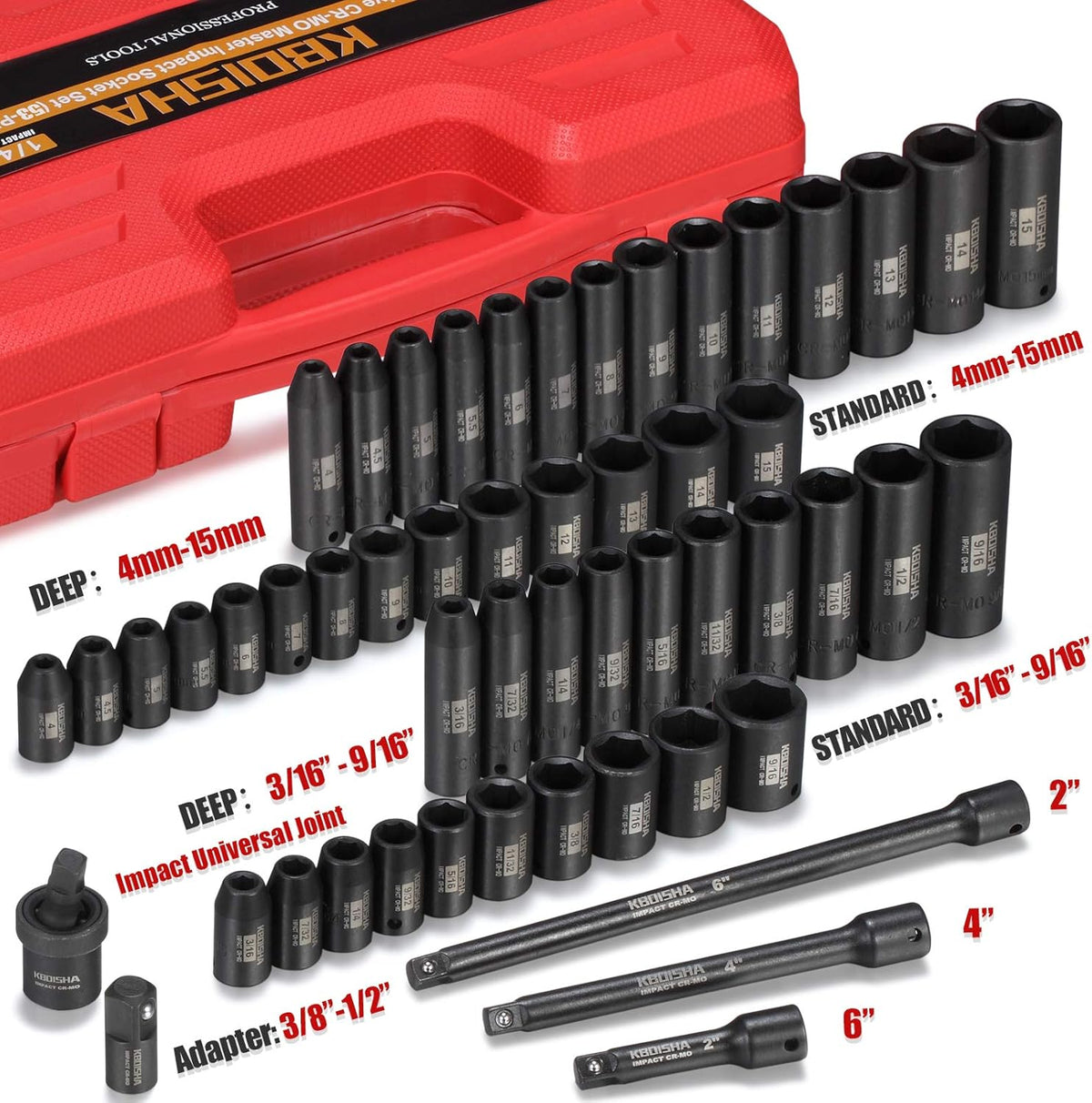 1/4 Inch Drive 53-Piece CR-MO Alloy Steel Impact Socket Set SAE and Metric L12857