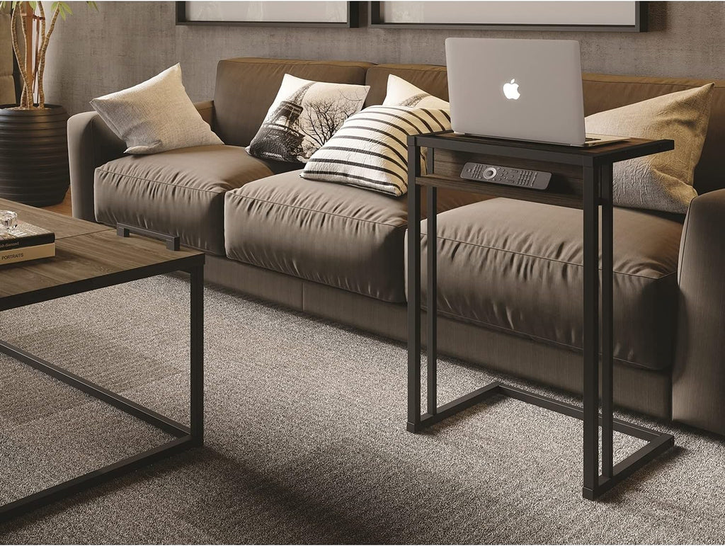 Dark Brown Oak Melamine C End Table with Black Metal Frame P574