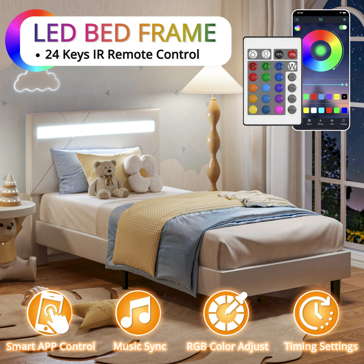 Twin Bed Frame with LED Lights and Adjustable Upholstered Headboard J14165