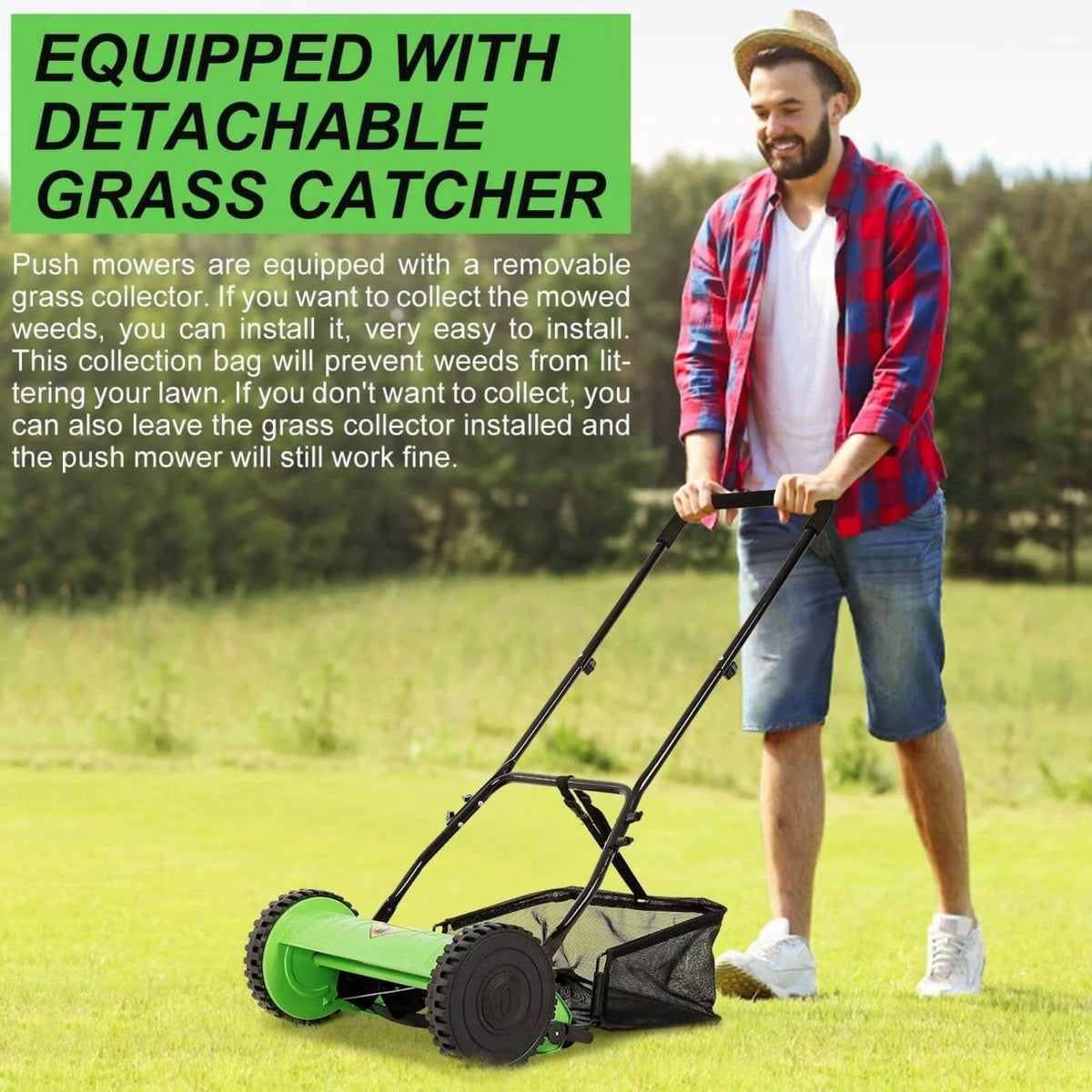 2 Wheels Push Lawn Mower 15-inch Adjustable Walk-Behind with Grass Catcher G929