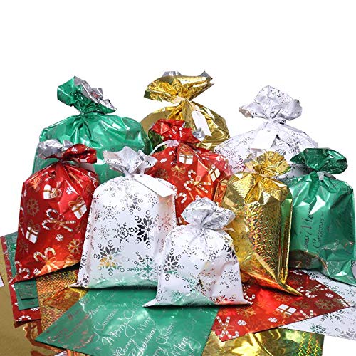 Christmas Gift Bags, 32Pcs Santa Wrapping Bag in 4 Sizes and 4 Designs with Ribbon Ties and Tags Y45130