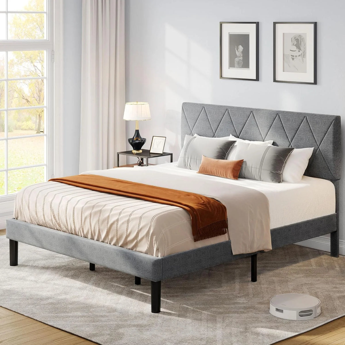 King Size Upholstered Platform Bed with Adjustable Headboard and Under-Bed Storage, Grey C23861