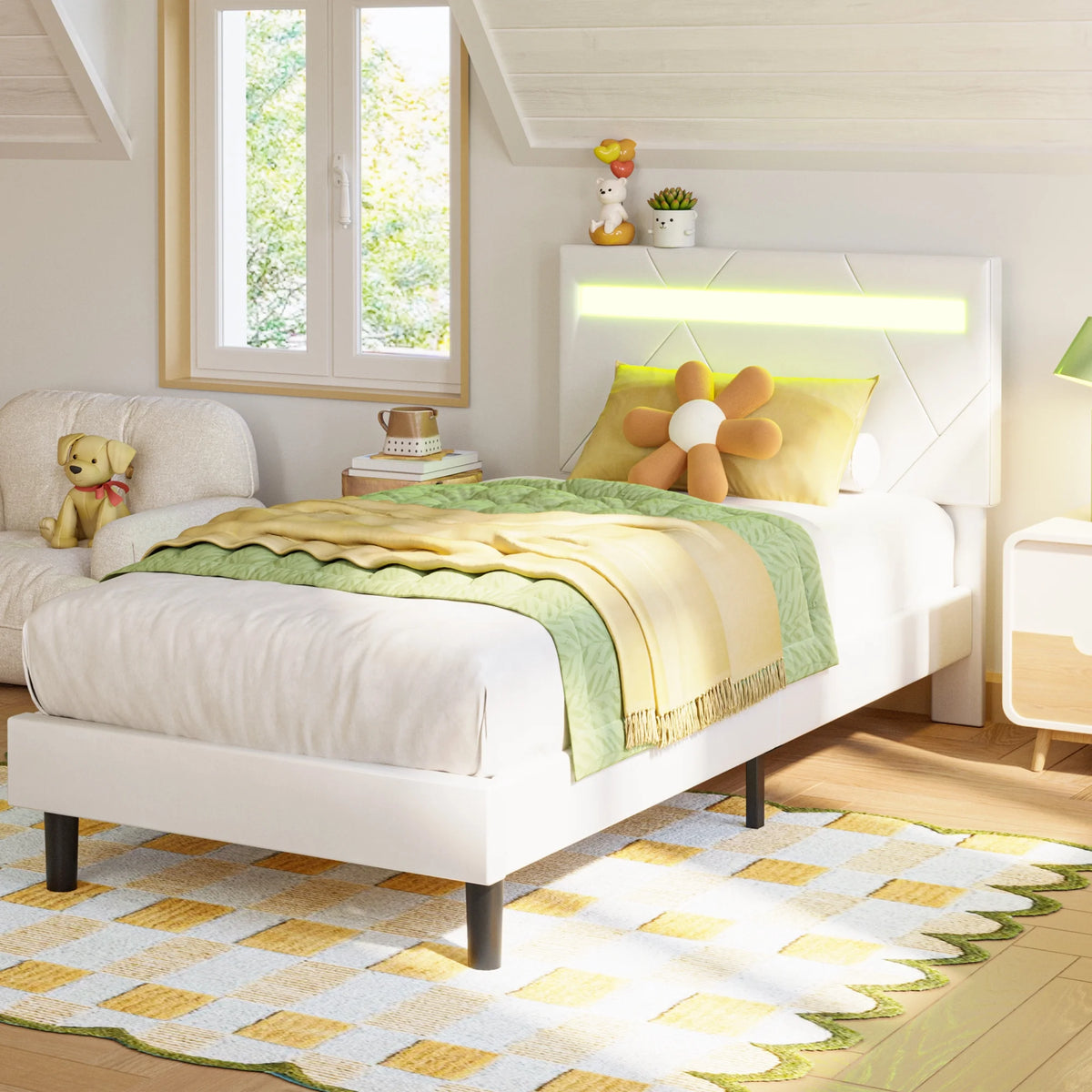 Twin Bed Frame with LED Lights and Adjustable Upholstered Headboard J14165