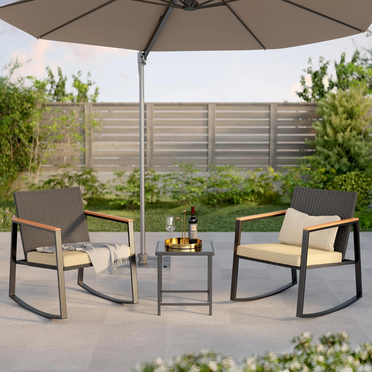 3 Pieces Patio Rocking Chairs Set with Glass Coffee Table T48977