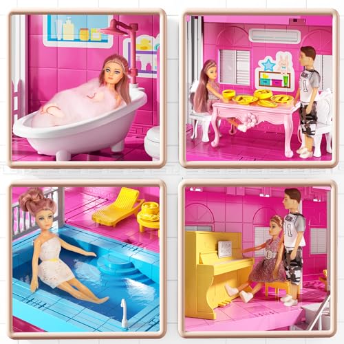 Pink 4-Story 10-Room Dollhouse Playset with 2 Dolls P377