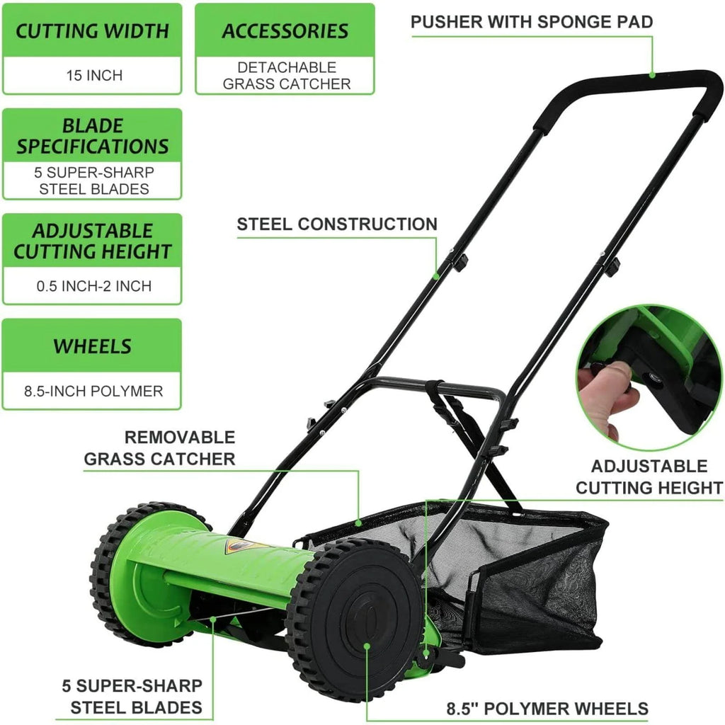2 Wheels Push Lawn Mower 15-inch Adjustable Walk-Behind with Grass Catcher G929