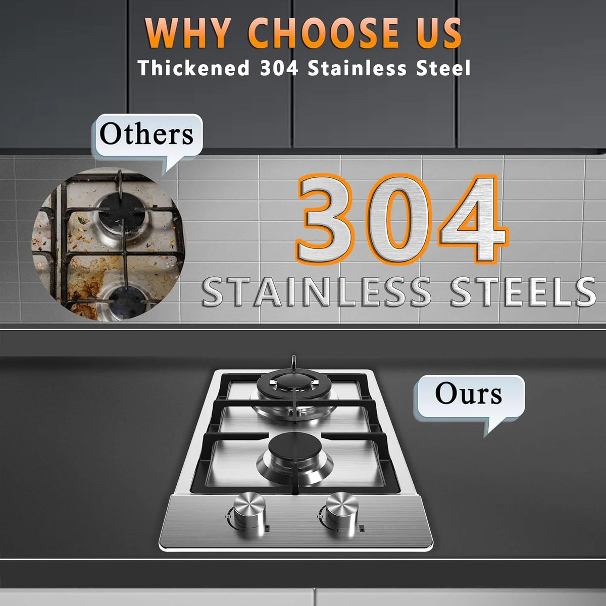 12 Inch 2 Burner Stainless Steel Gas Cooktop A6808