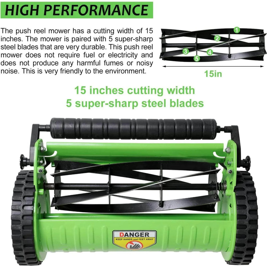 2 Wheels Push Lawn Mower 15-inch Adjustable Walk-Behind with Grass Catcher G929