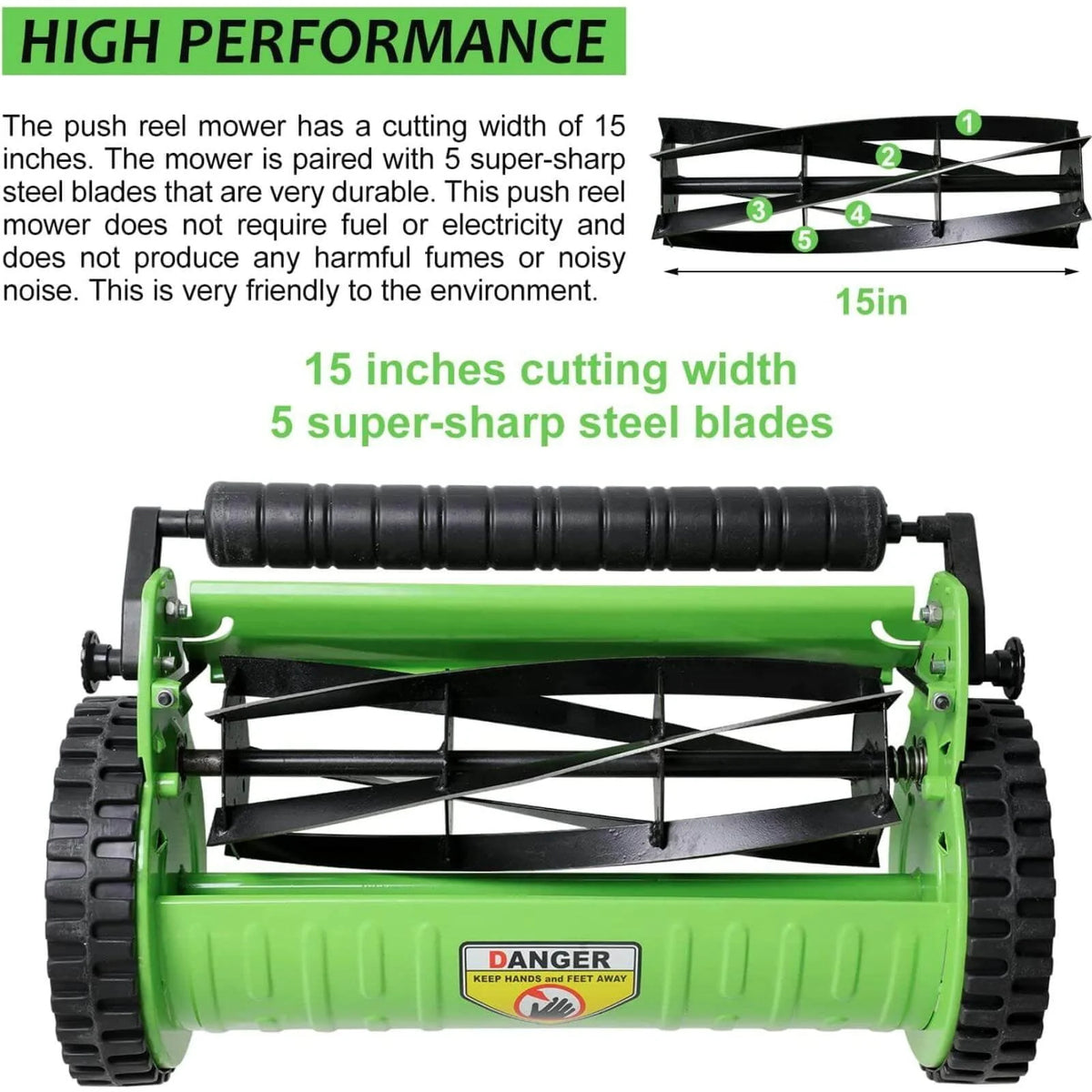 2 Wheels Push Lawn Mower 15-inch Adjustable Walk-Behind with Grass Catcher G929