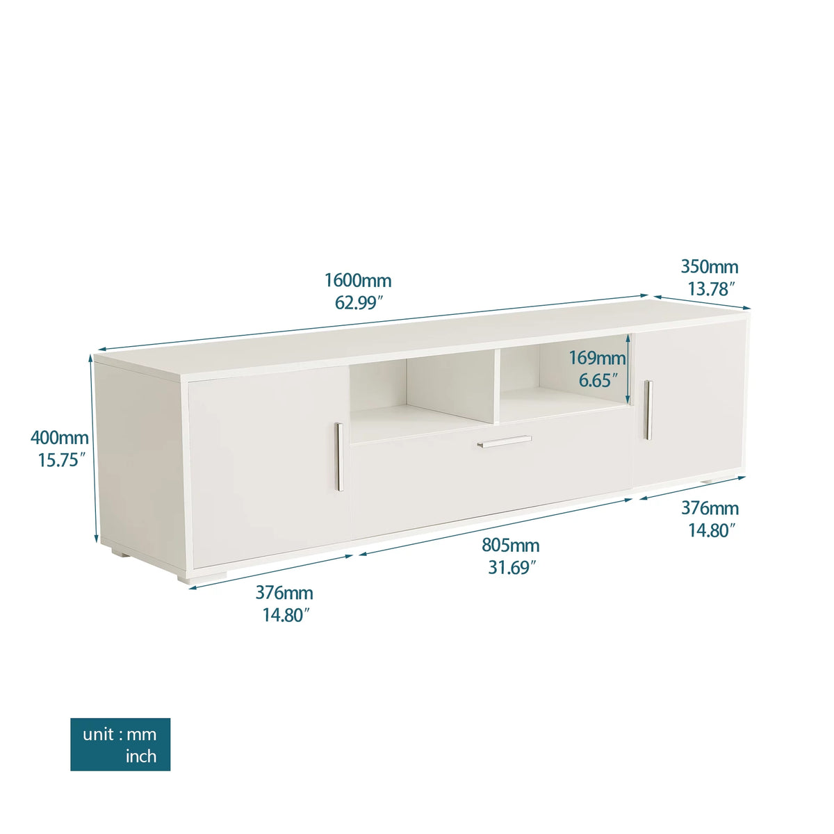 High Glossy TV Stand Cabinet with 3 Doors and Open Shelf X591939