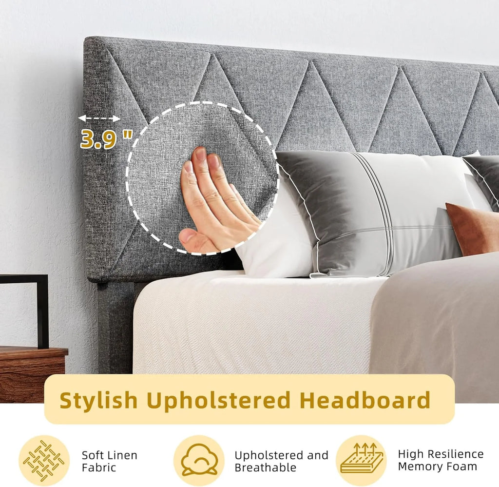 King Size Upholstered Platform Bed with Adjustable Headboard and Under-Bed Storage, Grey C23861