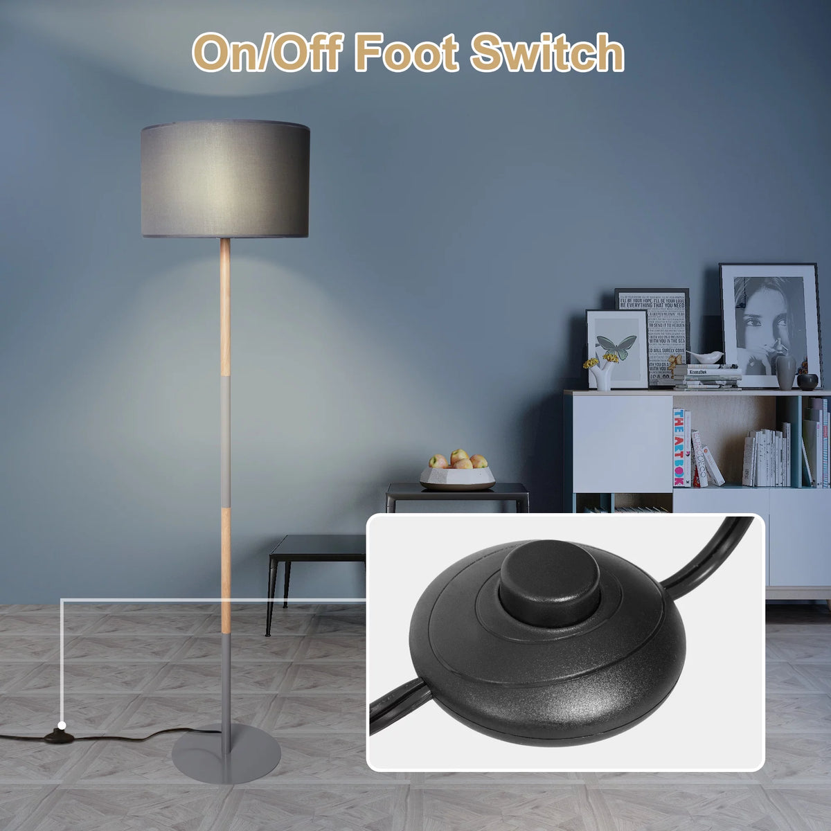 Modern Floor Lamp with 8W LED Bulb, Foot Switch & Fabric Lamp Shade K796