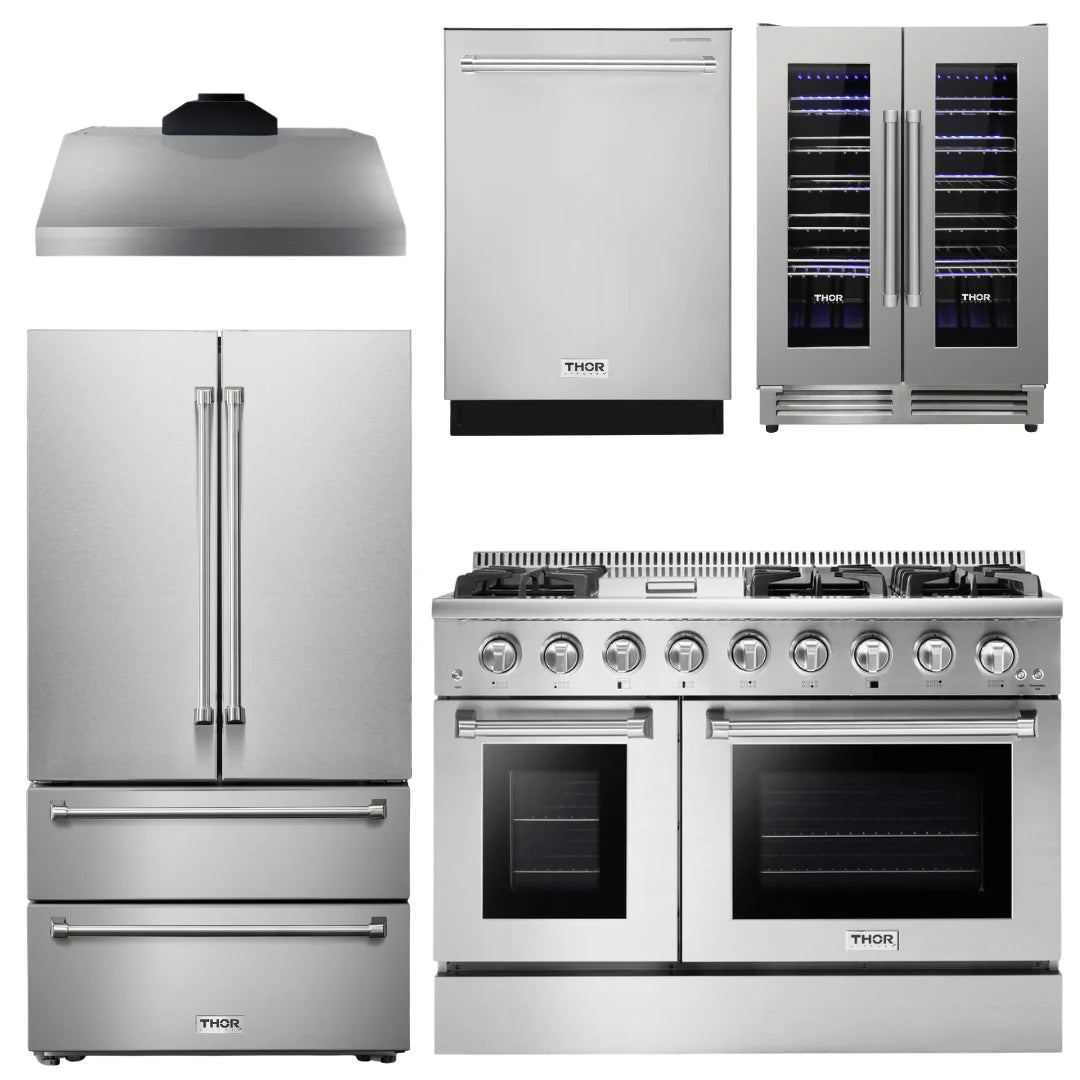 48 In. Natural Gas Range, Range Hood, Refrigerator, Dishwasher, Wine Cooler Y115