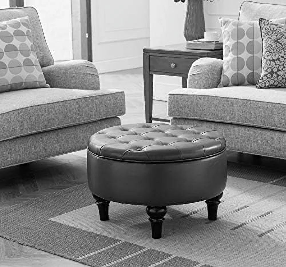 Faux Leather Round Ottoman with Tray Top X2829