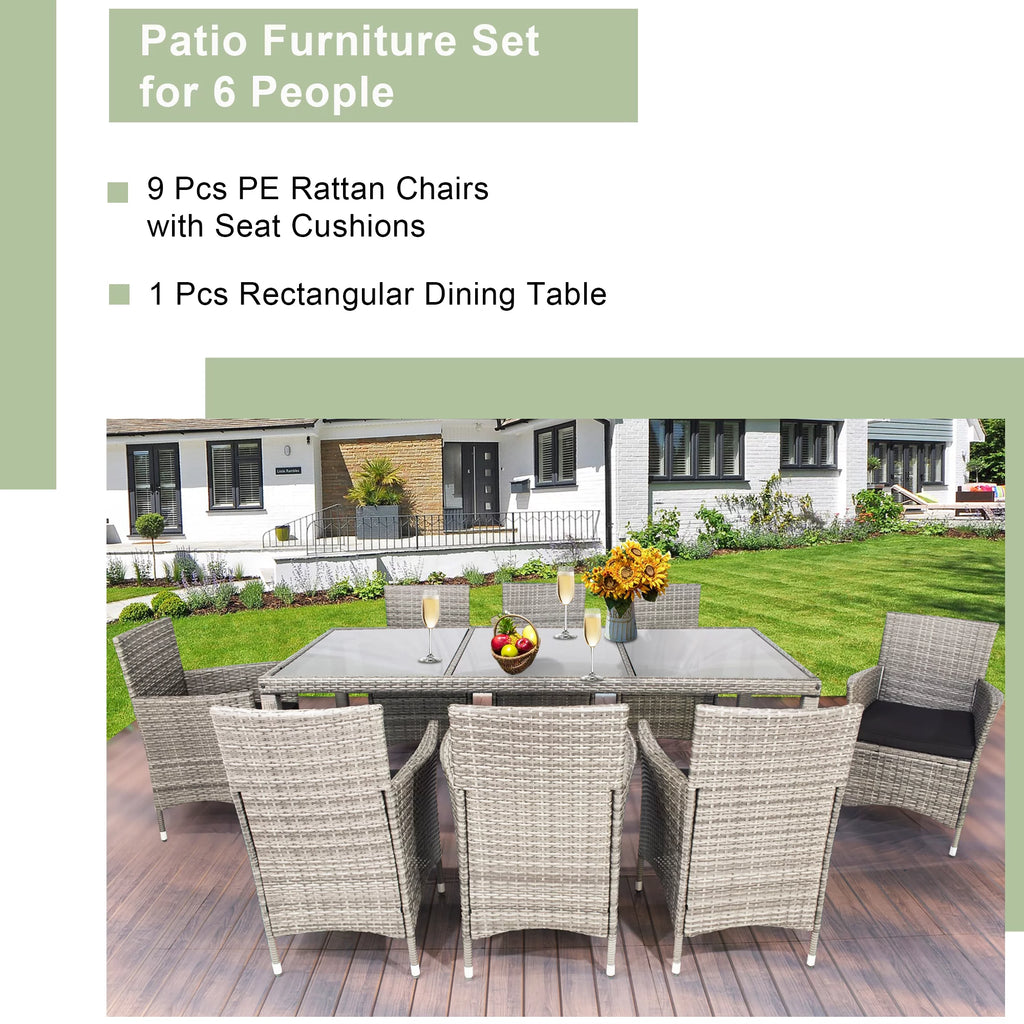 9 Pieces Wicker Outdoor Dining Set with Glass Tabletop and Cushioned Chairs Z540818