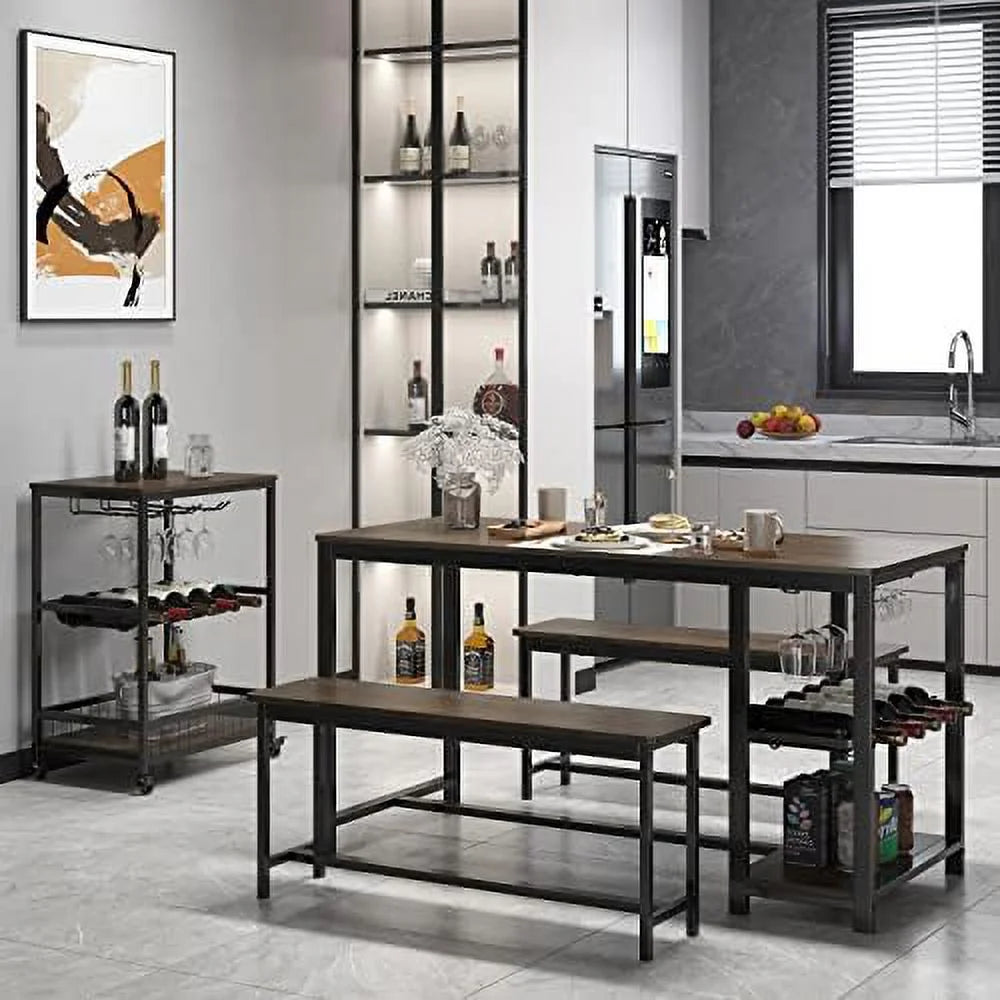 3-Piece Rustic Wood Dining Table Set with Benches T539553