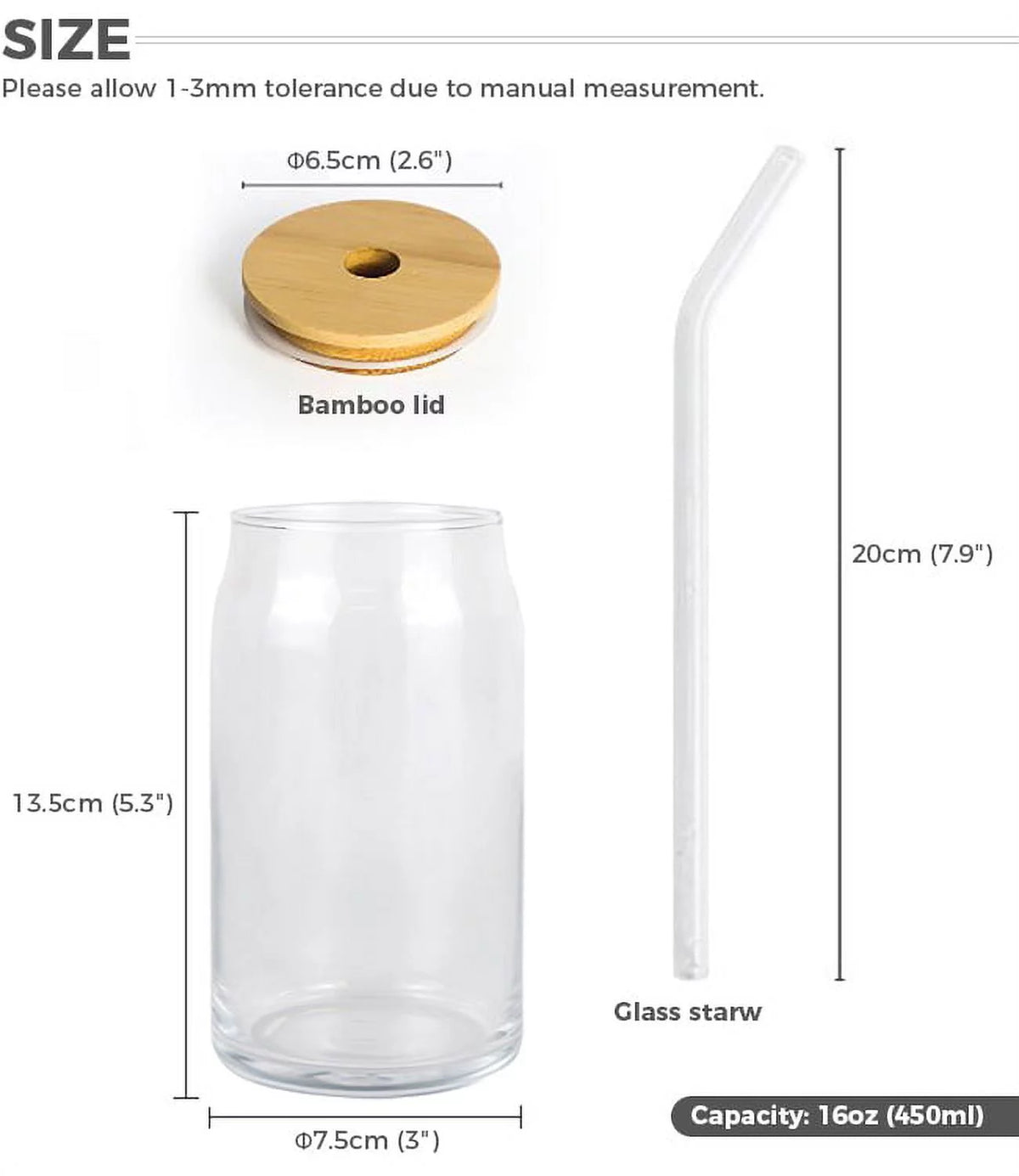 48 Pack 16oz Clear Glass Mug with Bamboo Lid and Glass Straw W2820