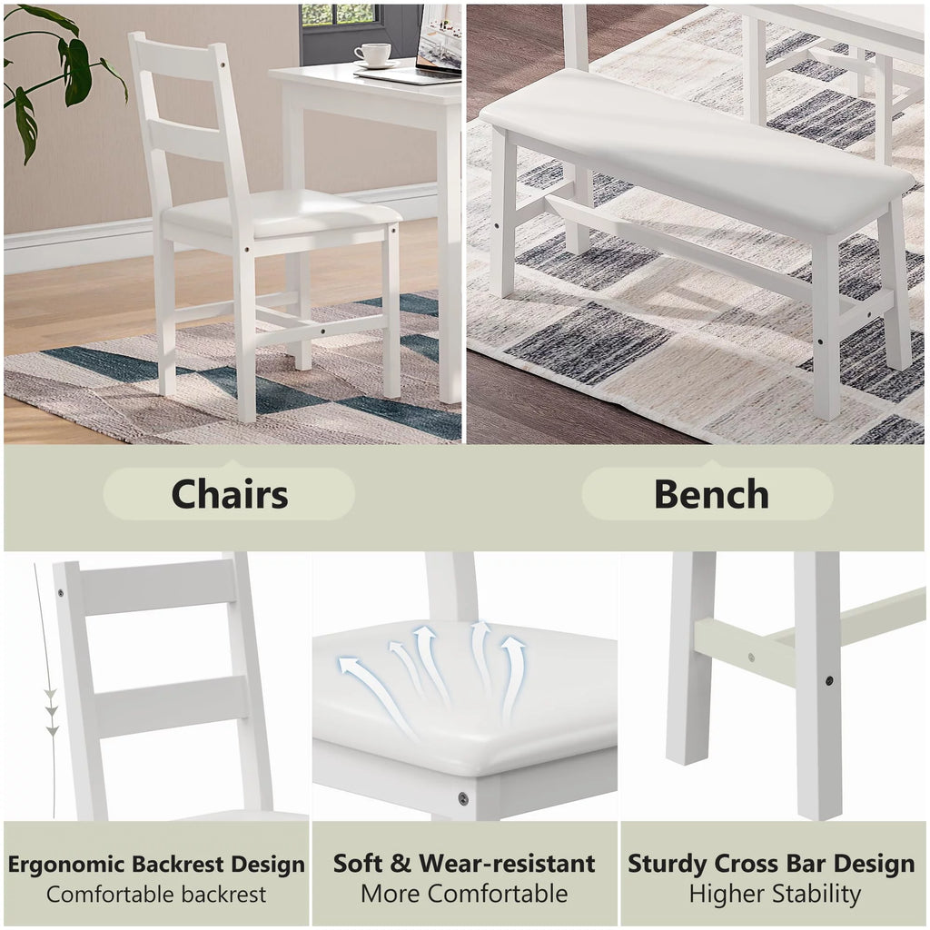 White 4 Piece Wood Dining Table Set with Chairs and Bench J97958