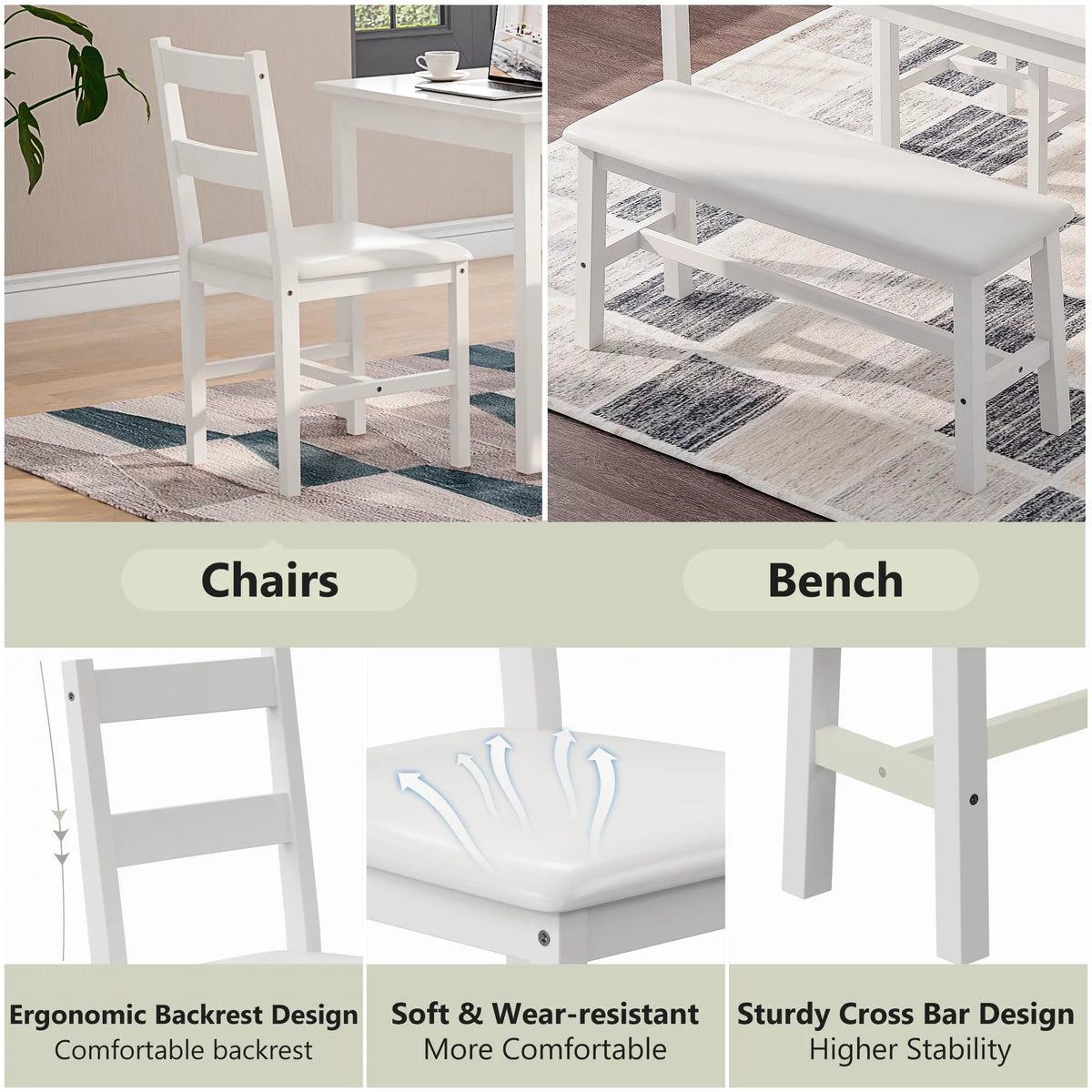 White 4 Piece Wood Dining Table Set with Chairs and Bench J97958