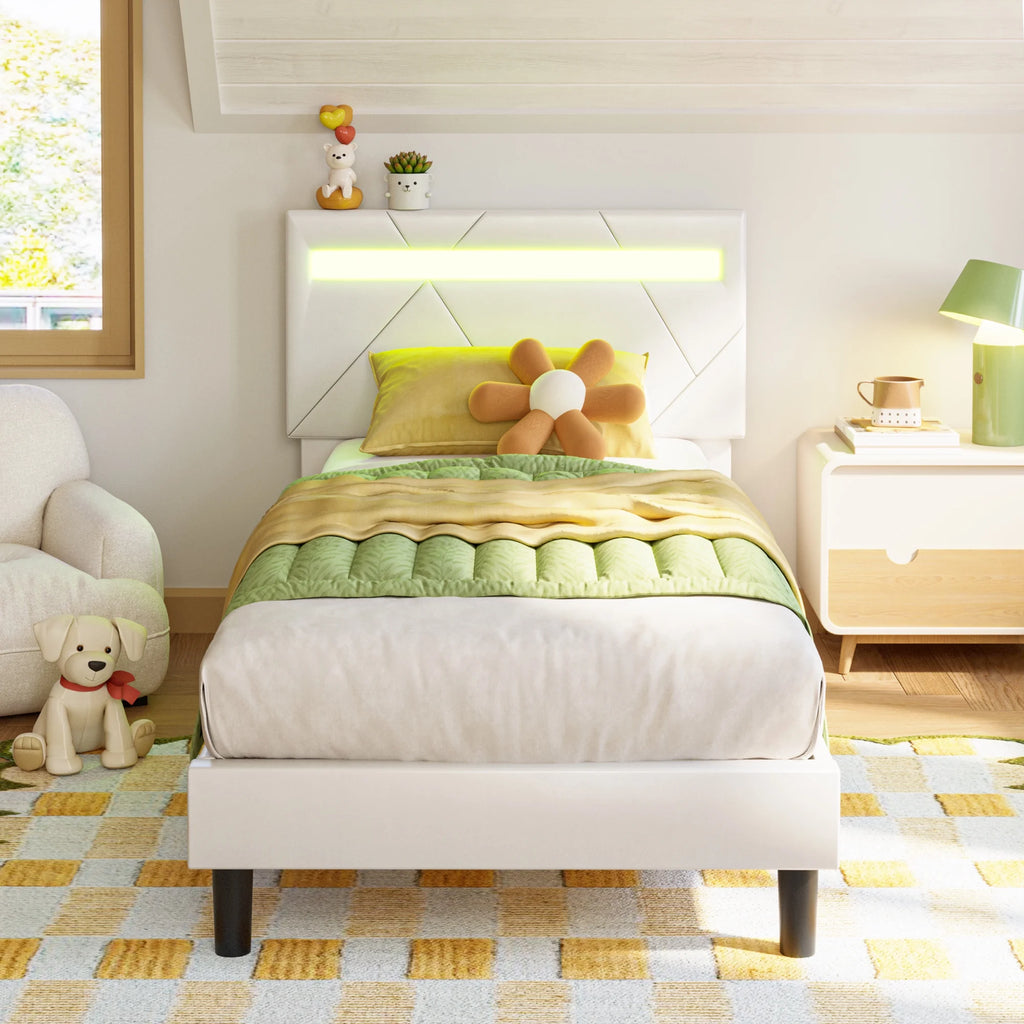 Twin Bed Frame with LED Lights and Adjustable Upholstered Headboard J14165