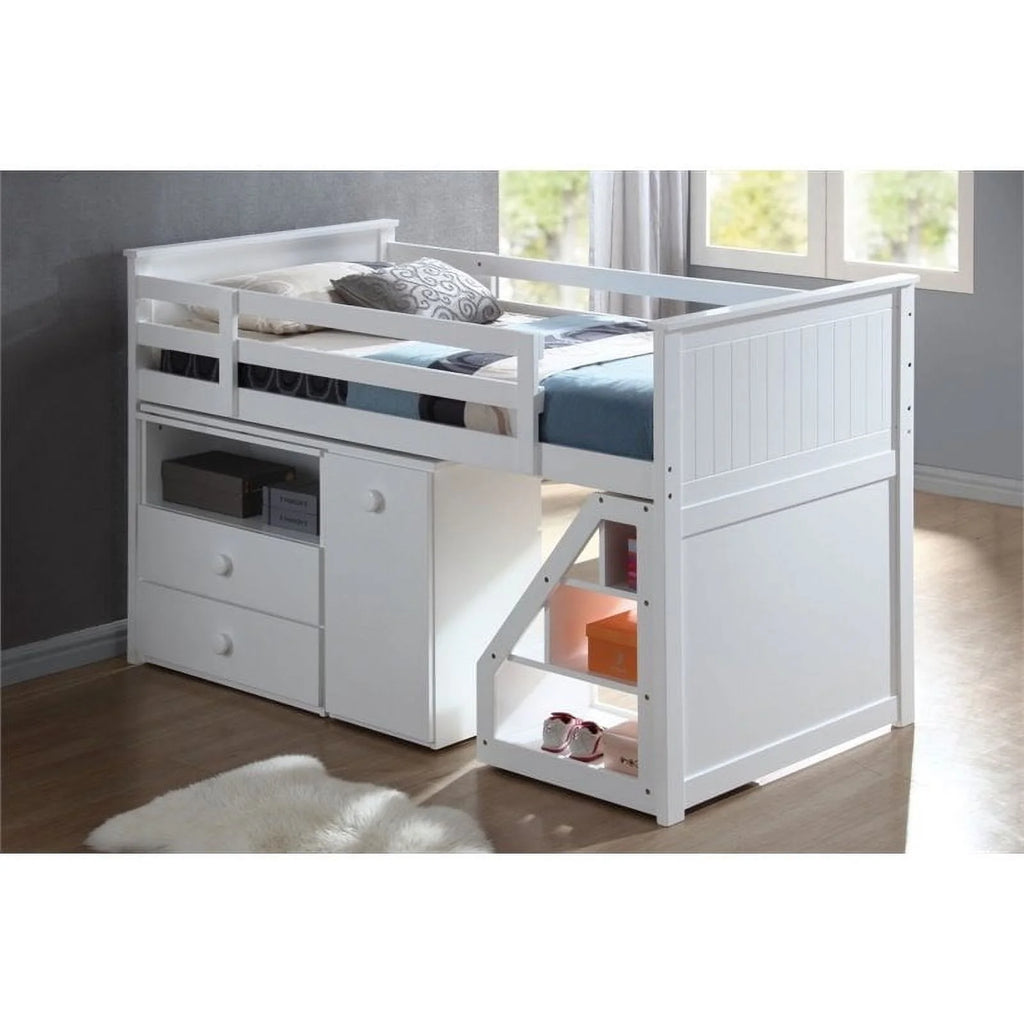 Twin Size Loft Bed with Storage Ladder Chest Swivel Desk in White J321556