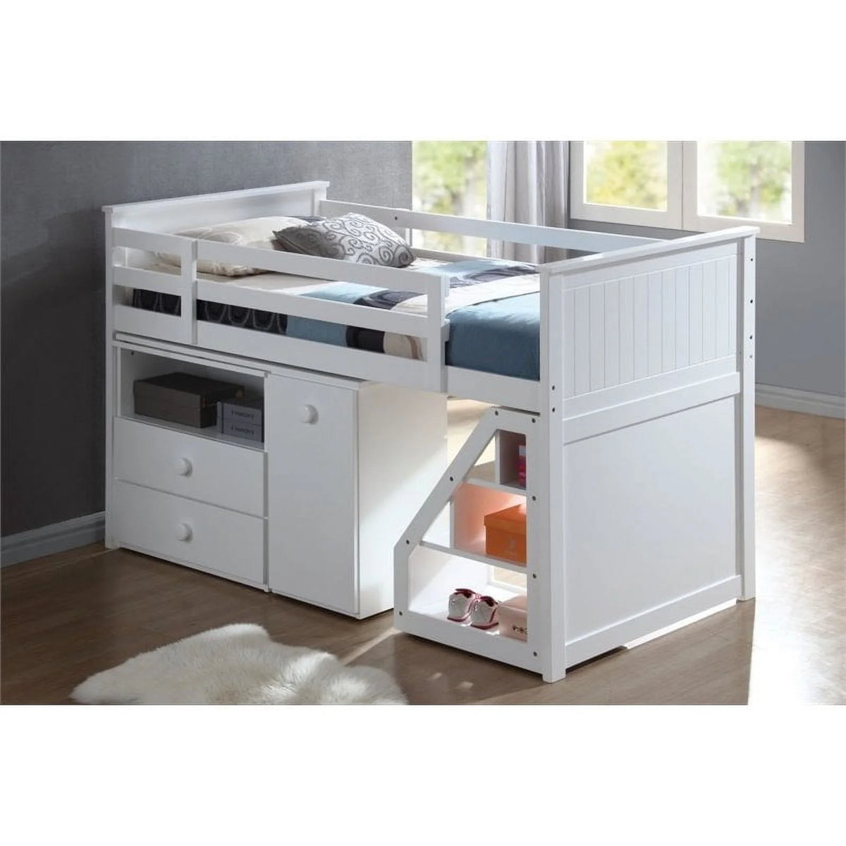 Twin Size Loft Bed with Storage Ladder Chest Swivel Desk in White J321556
